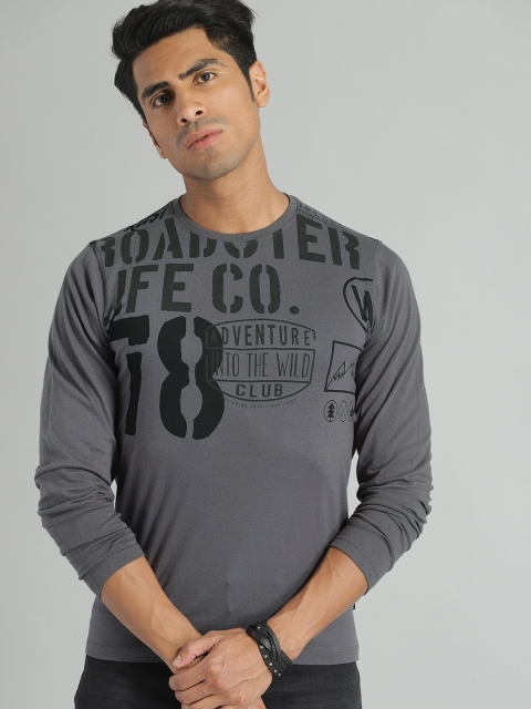

Roadster Men Charcoal Grey Printed Round Neck Pure Cotton T-shirt