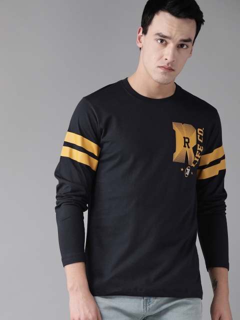 

Roadster Men Navy Blue & Mustard Yellow Printed Round Neck T-shirt