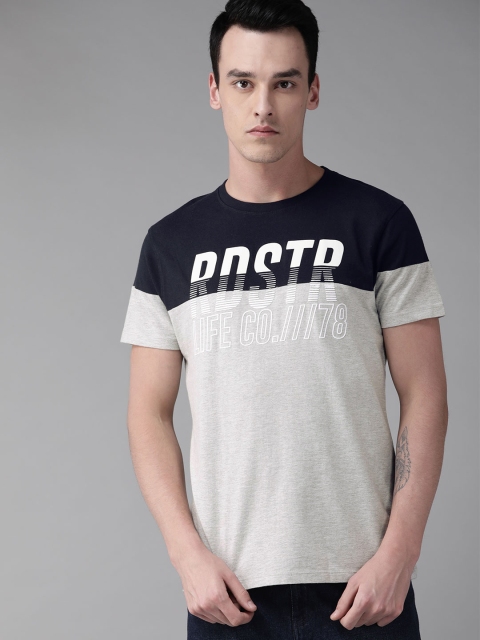 

Roadster Men Grey Melange & Navy Colourblocked Round Neck T-shirt