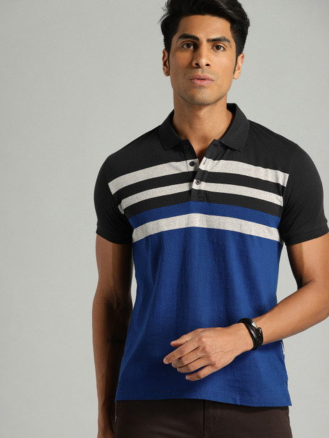 

The Roadster Lifestyle Co Men Blue Black Striped Polo Collar Pure Cotton T-shirt