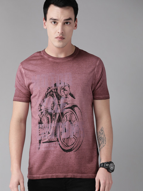 

Roadster Men Mauve & Black Printed Round Neck T-shirt, Purple