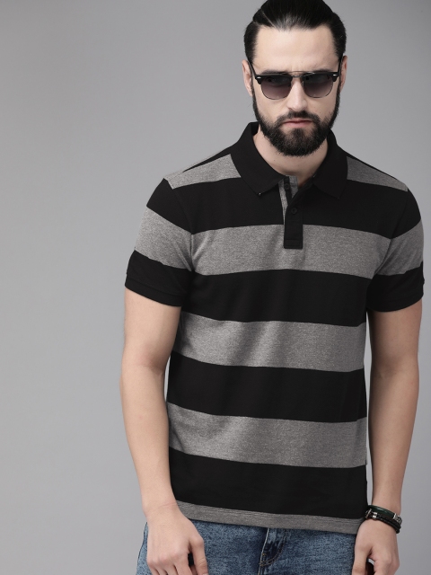 

Roadster Men Black & Grey Striped Polo Collar T-shirt