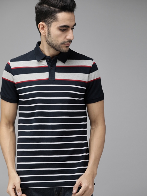 

The Roadster Lifestyle Co Men Navy Blue White Engineered Striped Polo Collar Pure Cotton T-shirt