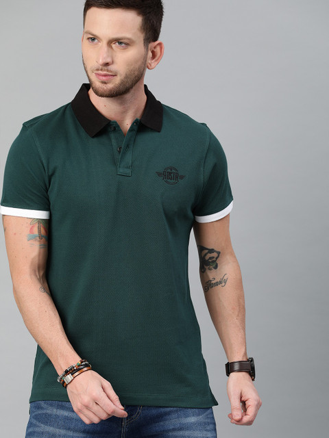 

The Roadster Lifestyle Co Men Green Solid Polo Collar Pure Cotton T-shirt
