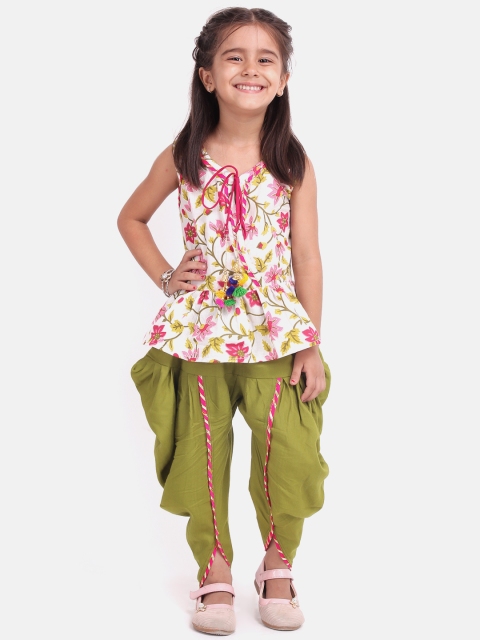 

BownBee Girls White & Green Printed Top with Dhoti Pants