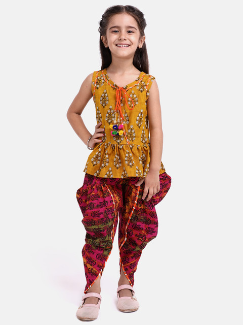 

BownBee Girls Mustard Yellow & Maroon Printed Top with Dhoti Pants
