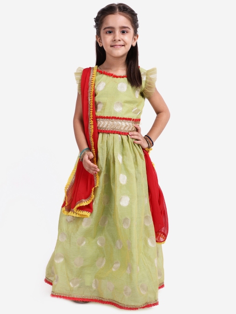 

BownBee Girls Green & Red Printed Ready to Wear Lehenga & Blouse with Dupatta