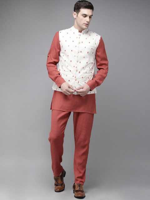 

Anouk Men Rust Red & Off-White Solid Kurta with Trousers And Nehru Jacket