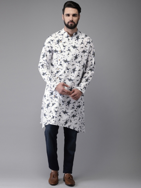 

Anouk Men White & Blue Floral Print Straight Kurta