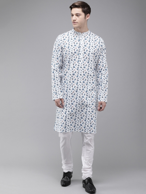 

Anouk Men White & Blue Floral Print Straight Kurta