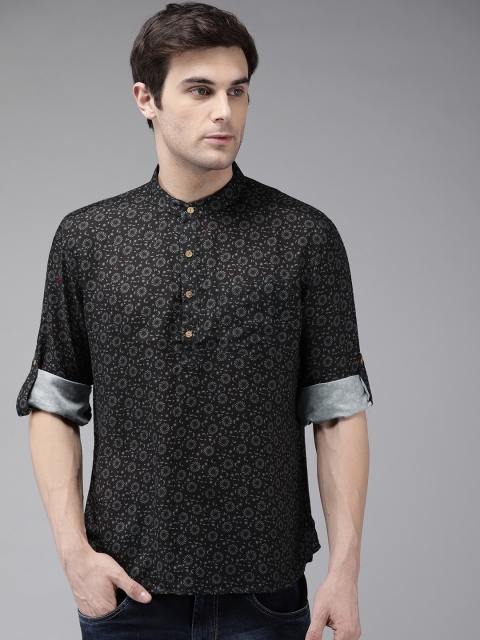 

Anouk Men Black & Grey Printed Straight Kurta