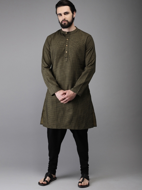 

Anouk Men Olive Green & Black Woven Design A-Line Kurta