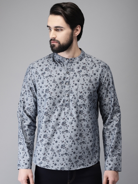 

Anouk Men Grey & Navy Blue Floral Print Straight Short Kurta