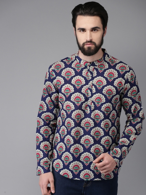 

Anouk Men Navy Blue & Off-White Printed Straight Kurta