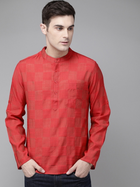 

Anouk Men Coral Red Checked Straight Short Kurta