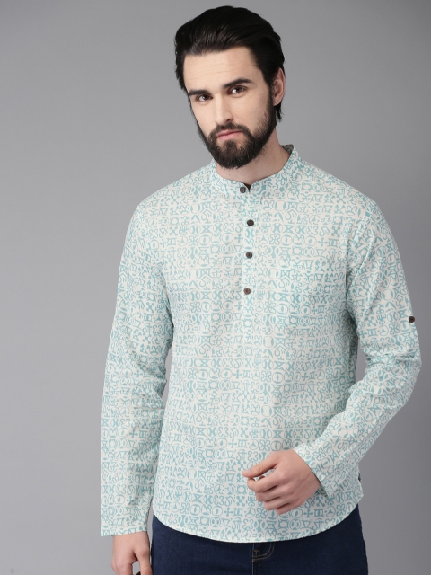 

Anouk Men Off-White & Turquoise Blue Printed Straight Kurta