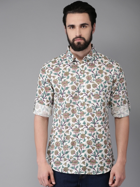 

Anouk Men Off-White & Teal Green Regular Fit Printed Casual Shirt