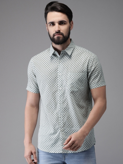 

Anouk Men White & Sea Green Regular Fit Printed Casual Shirt