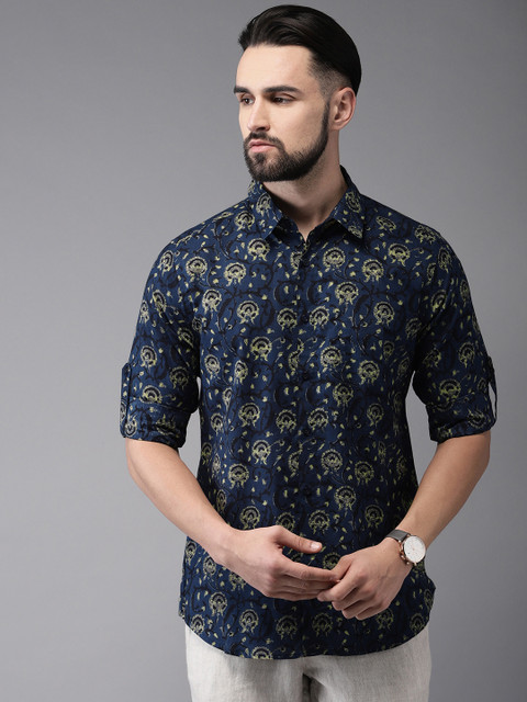 

Anouk Men Navy Blue & Beige Regular Fit Printed Casual Shirt