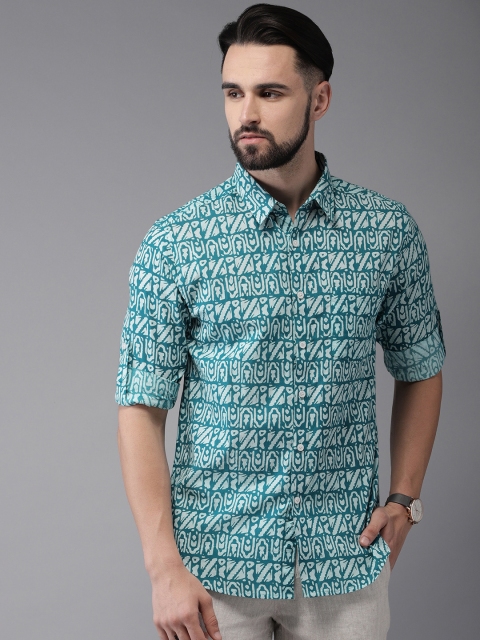 

Anouk Men Turquoise Blue & White Regular Fit Printed Casual Shirt