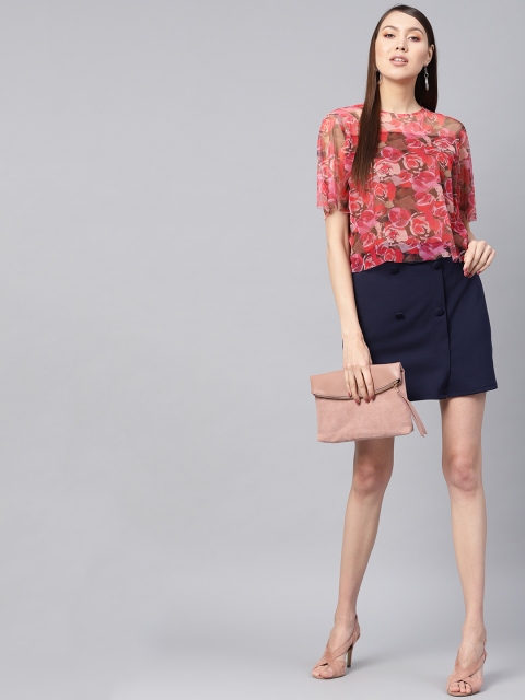

SASSAFRAS Women Pink & Brown Floral Print Net Semi-Sheer Top