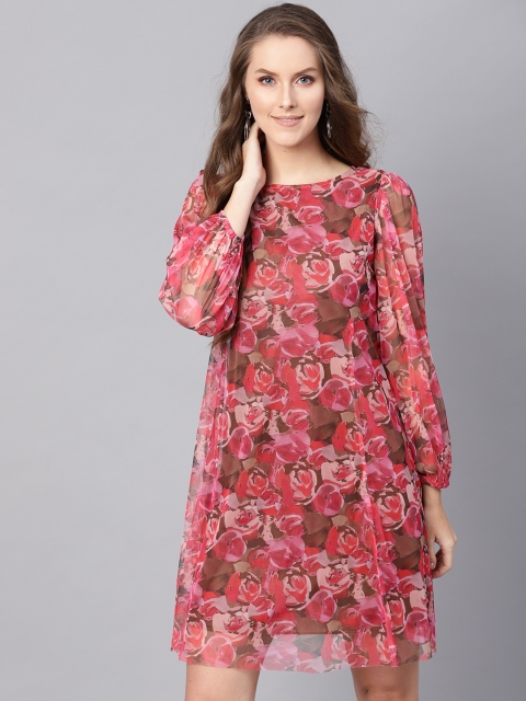 

SASSAFRAS Women Pink & Brown Printed A-Line Dress