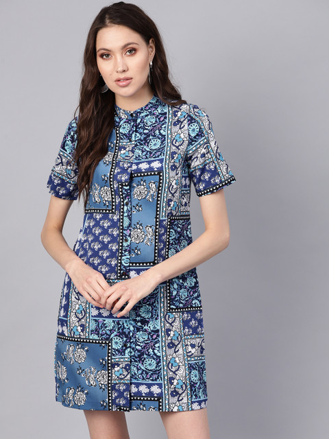 

SASSAFRAS Women Blue & White Printed A-Line Dress