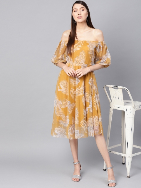 

SASSAFRAS Women Mustard Yellow Off-Shoulder Tropical Print Net A-Line Dress