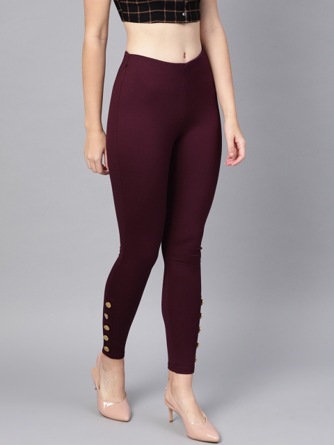 

SASSAFRAS Women Burgundy Solid Slim Fit Treggings