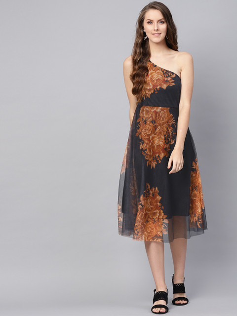 

SASSAFRAS Women Black & Brown Floral Print One-Shoulder Fit and Flare Dress
