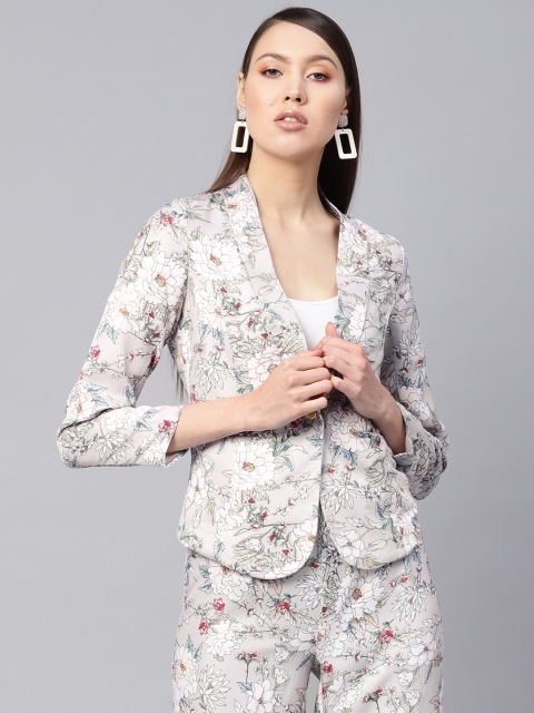 

SASSAFRAS Women Grey & Off-White Slim Fit Printed Single-Breasted Casual Blazer