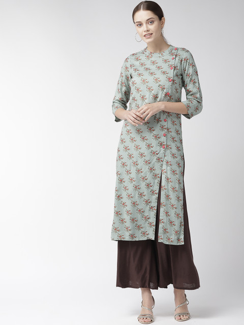 

plusS Women Green & Coral Red Printed Straight Kurta