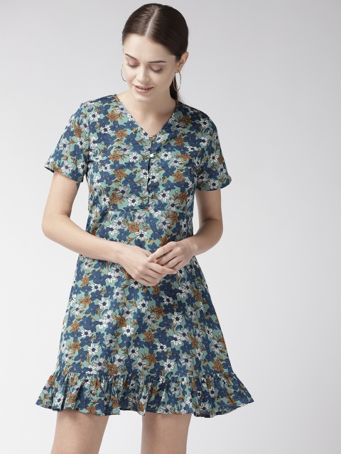 

plusS Women Sea Green & Blue Floral Printed A-Line Dress