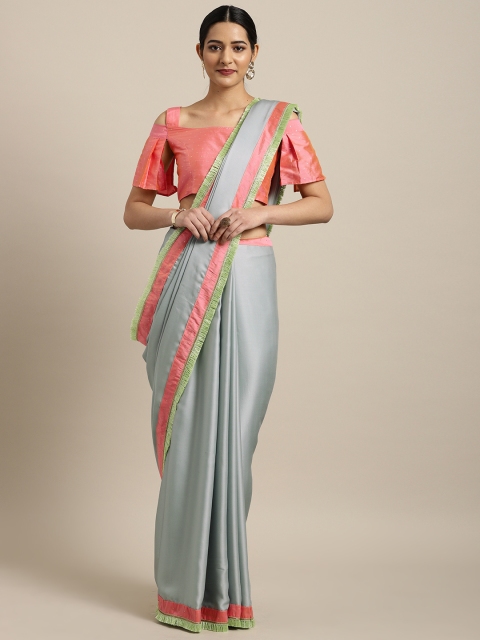 

Inddus Blue & Peach-Coloured Satin Woven Design Saree