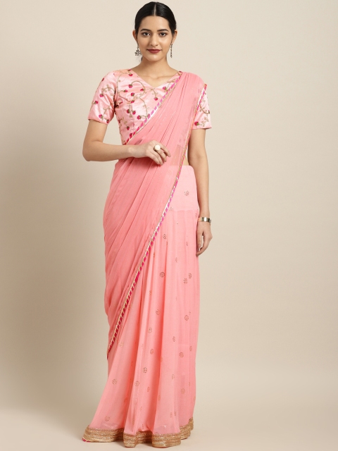

Inddus Pink & Gold-Toned Striped Poly Chiffon Saree