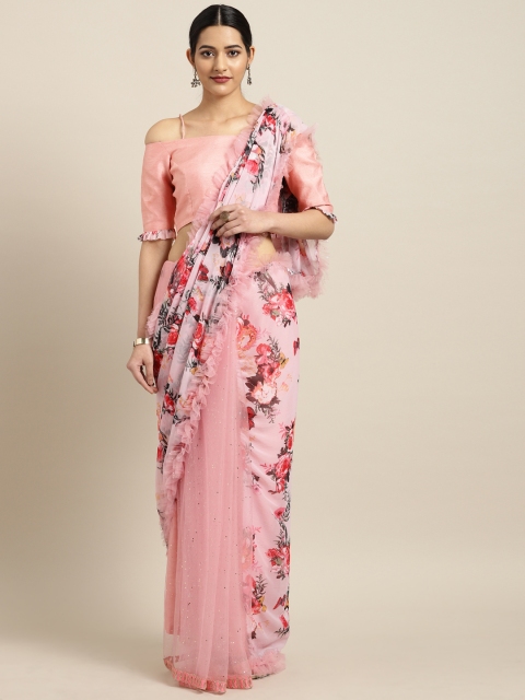 

Inddus Pink Printed Poly Chiffon Saree