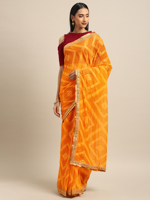 

Inddus Yellow & Maroon Poly Chiffon Printed Bandhani Saree