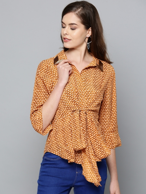 

Label Ritu Kumar Women Peach-Coloured & Mustard Brown Printed Shirt Style Top
