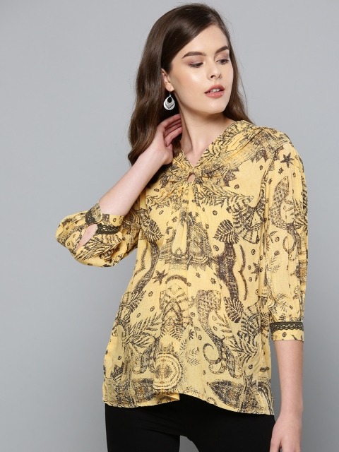 

Label Ritu Kumar Women Yellow & Black Tropical Print A-Line Top