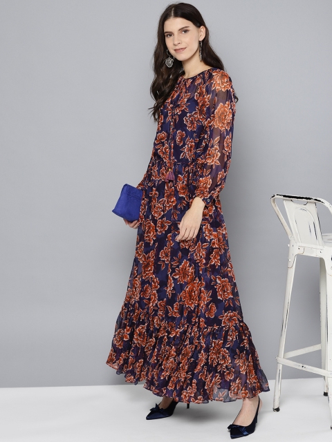 

Label Ritu Kumar Women Navy Blue & Orange Floral Printed Maxi Dress
