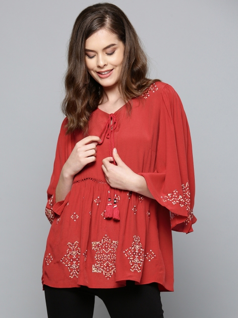 

Label Ritu Kumar Women Red Embroidered A-Line Top