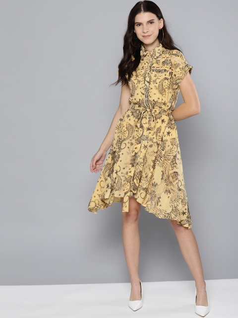 

Label Ritu Kumar Women Cream-Coloured & Black Fish Printed Shirt Dress