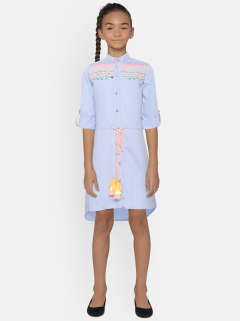 

Natilene Girls Blue Shirt Dress with Embroidered Detail