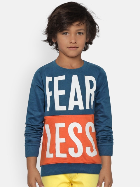 

Flying Machine Boys Navy Blue & Orange Printed Sweatshirt with Colourblocked Detail