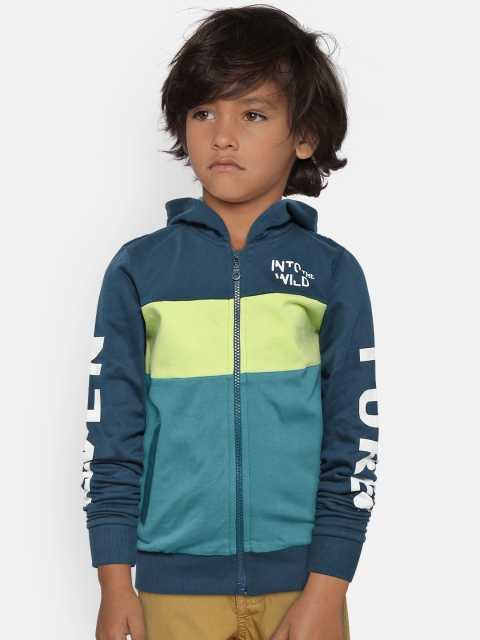 

Flying Machine Boys Teal Blue & Green Colourblocked Hooded Sweatshirt