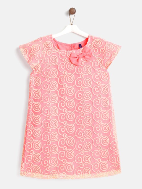 

YK Girls Coral Pink & White Embroidered Lace A-Line Dress