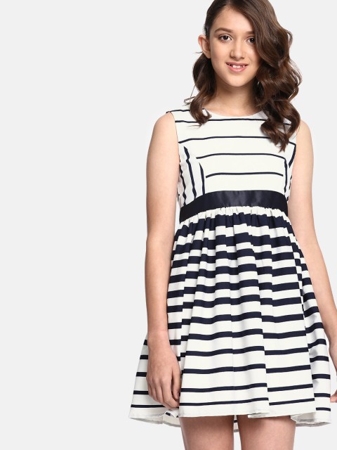 

YK Girls Striped White & Navy Striped Fit & Flare Dress
