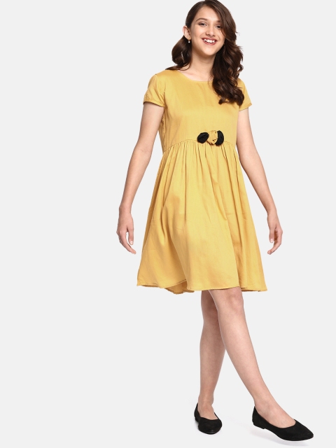 

YK Girls Solid Mustard Yellow Solid Fit & Flare Dress