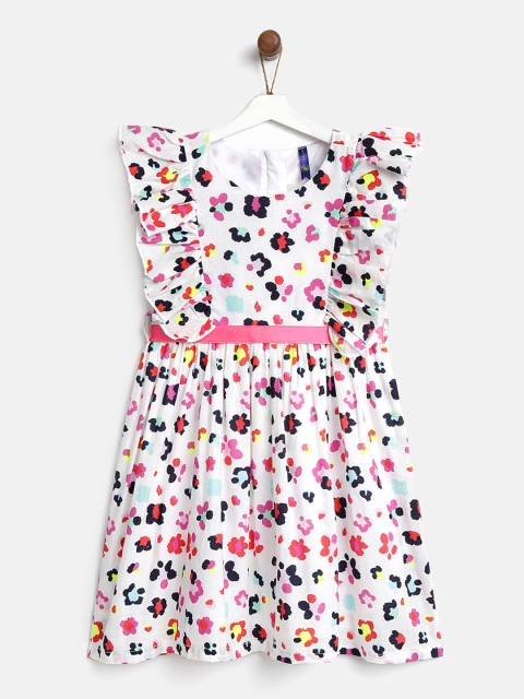 

YK Girls White & Pink Floral Printed Fit and Flare Dress with Belt