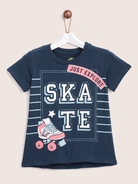 

YK Girls Navy Blue Printed Round Neck Pure Cotton T-shirt